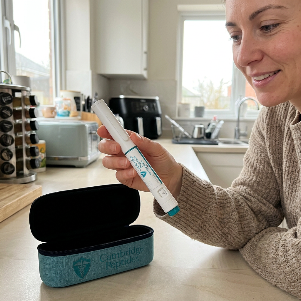 Hannah M. with their Cambridge Peptides pen at home